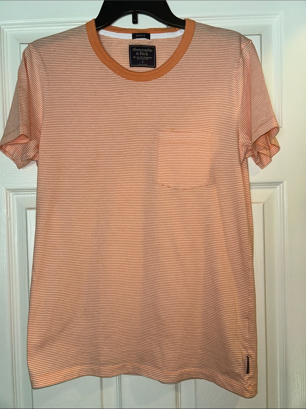 Abercrombie & Fitch Men's Peach Striped Pocket Tee Small